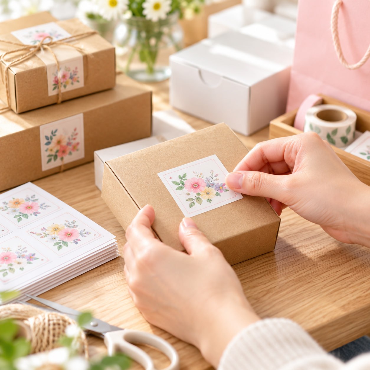 箱に花柄のラベルを貼る手作業