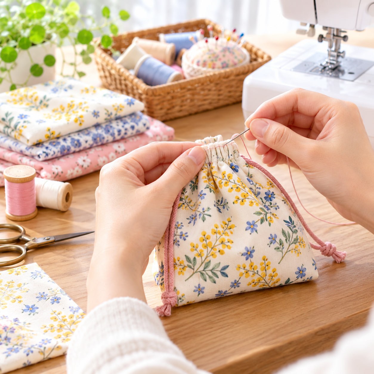 花柄の巾着袋を縫う布小物の制作