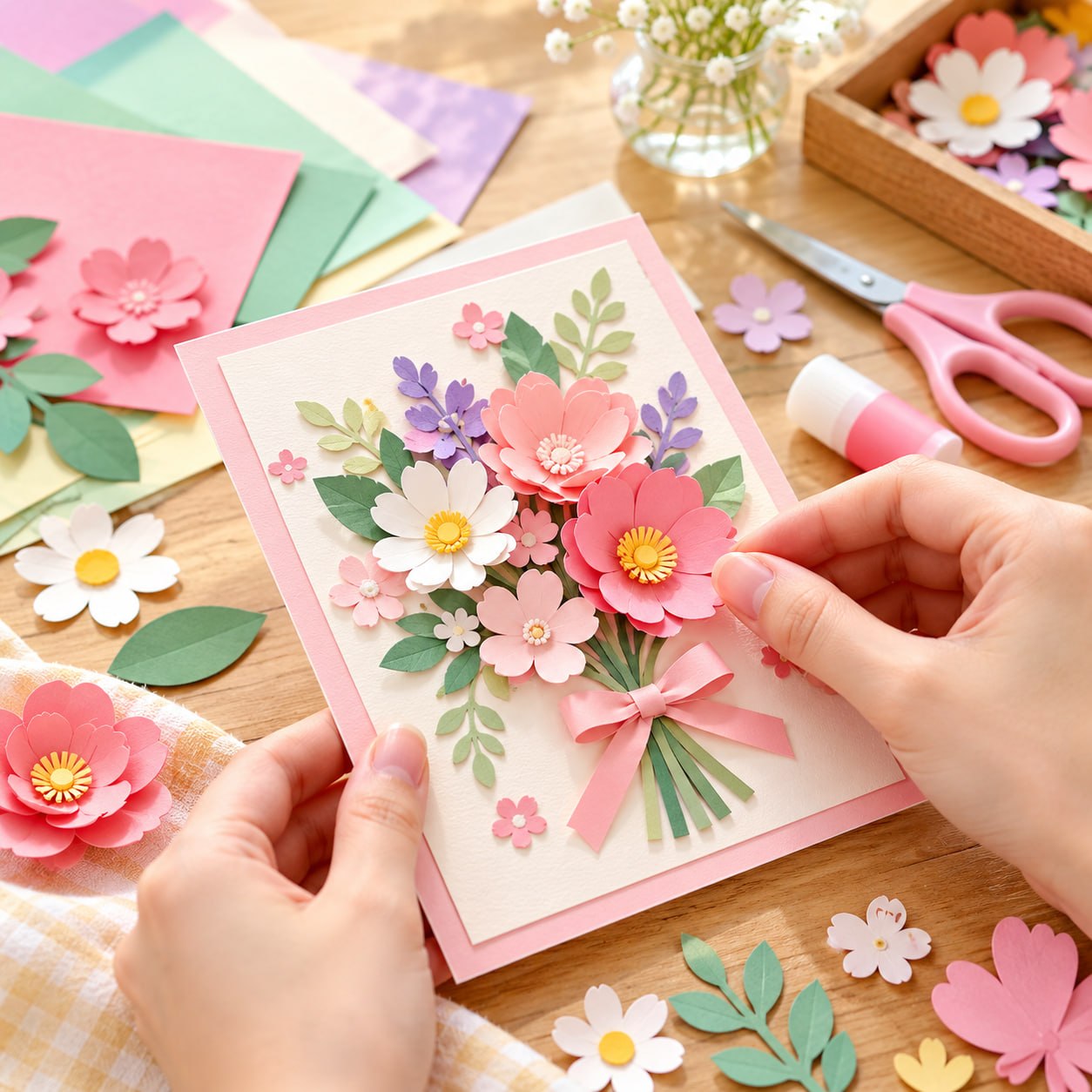 紙の花を重ねるグリーティングカード制作